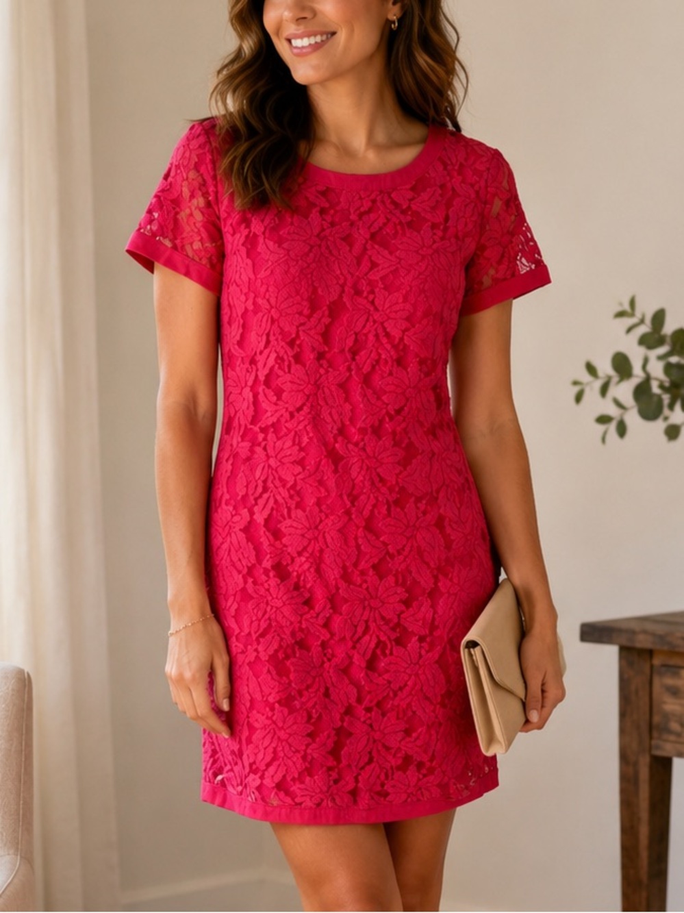 Donna Morgan Hot Pink Lace Mini Shift Dress